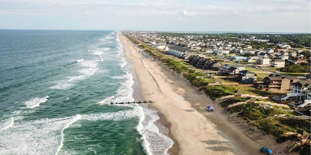 Aerial view of North Carolina family friendly beach Nags Head