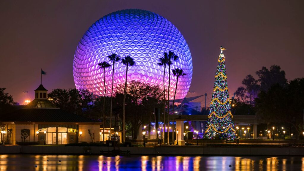 EPCOT embraces the Christmas season with holiday lights and decor (Photo: Disney)