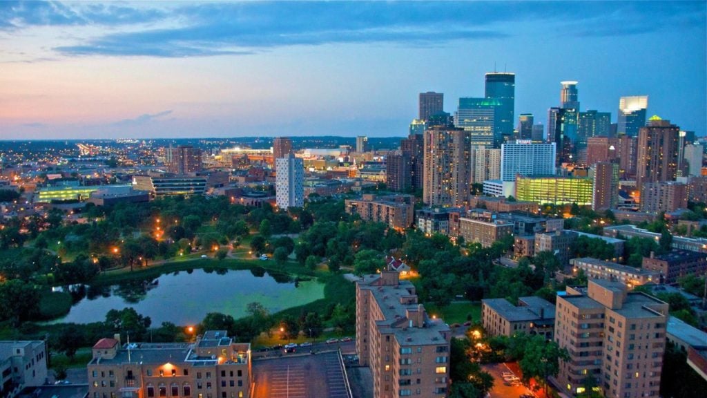 Aerial view of downtown Minneapolis at Sunset (Photo: @PhotoLogic_SightFlight via Twenty20)