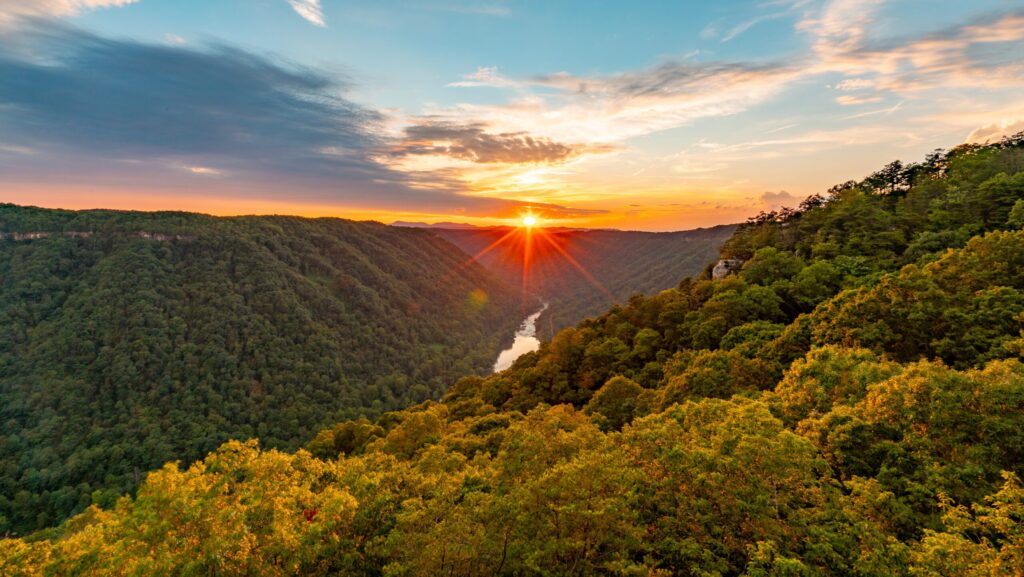 An image of New River Gorge in West Virginia at sunset