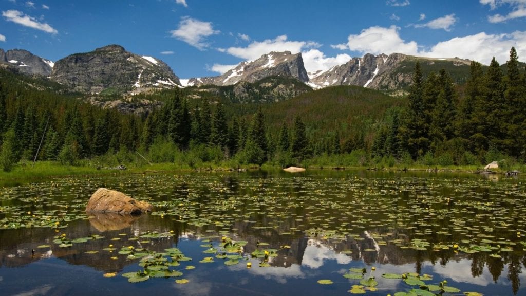 lake and mountains in Rocky Mountain National Park; national parks in spring