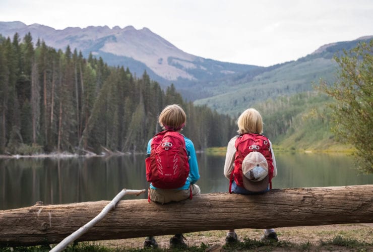 kids wearing kids backpacks sitting on a log overlooking a lake and forest