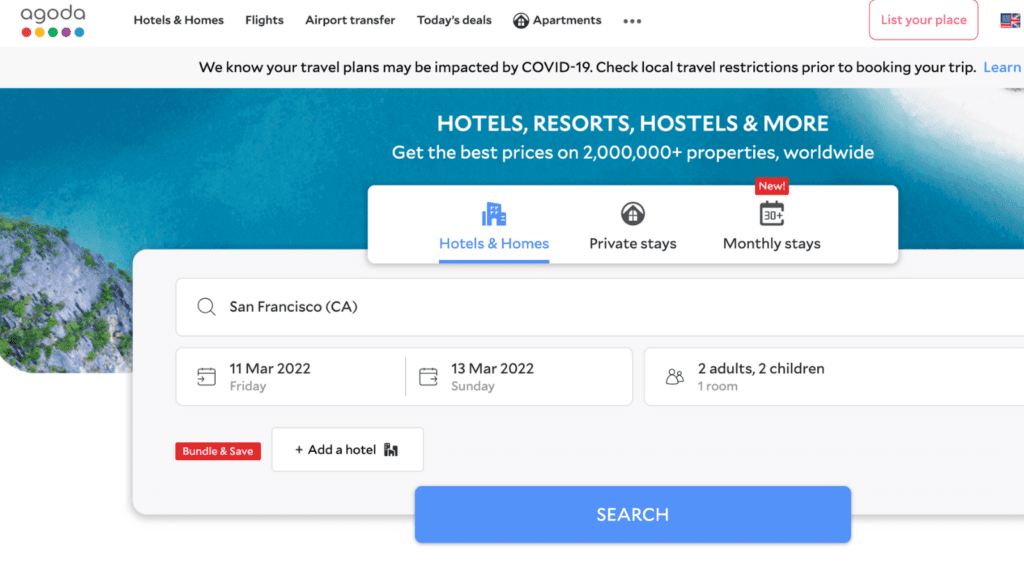 screenshot of Agoda hotel booking site homepage