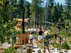 guests playing supersized Connect 4 at Rush Creek Lodge near Yosemite National Park