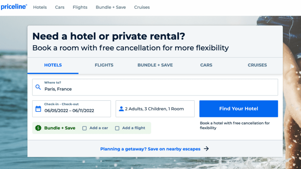 screenshot of Priceline hotel booking site homepage