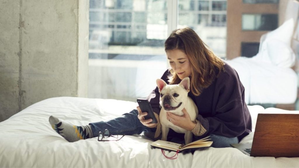 Woman and dog lounging in a pet-friendly hotel room at Aloft Hotels (Photo: Aloft Hotels)