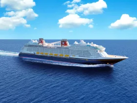Exterior of the Disney Wish cruise ship from Disney Cruise Line