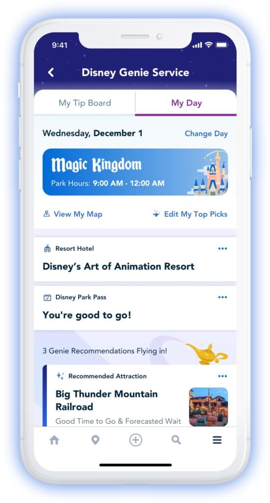 Gambar tangkapan layar dari layanan aplikasi Disney Genie Planning
