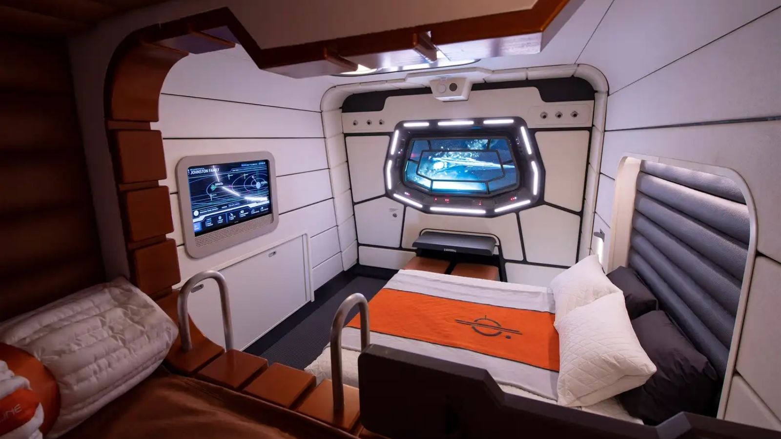 This mock-up of a starship cabin shows the accommodations guests will experience at the Star Wars hotel (Photo: David Roark)