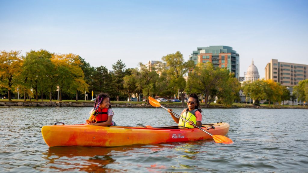 Mother and daughter kayaking in Madison Wisconsin