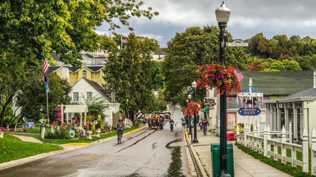 Street on Mackinac Island, Michigan after a rain. Mackinac Island is a popular Midwest vacation destination.