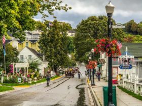 Street on Mackinac Island, Michigan after a rain. Mackinac Island is a popular Midwest vacation destination.