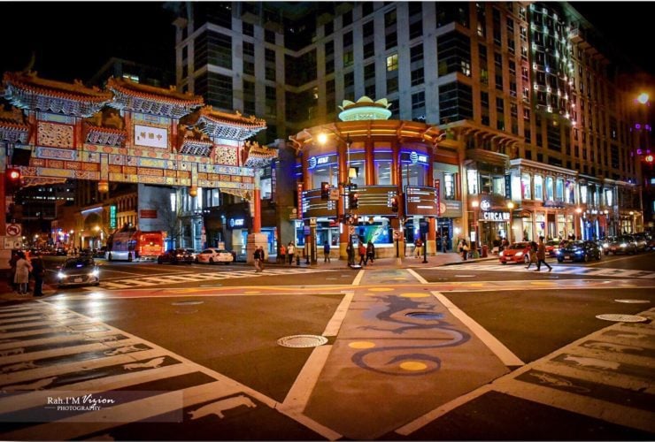 night view of crosswalk and buildings in Washington, D.C. Chinatow