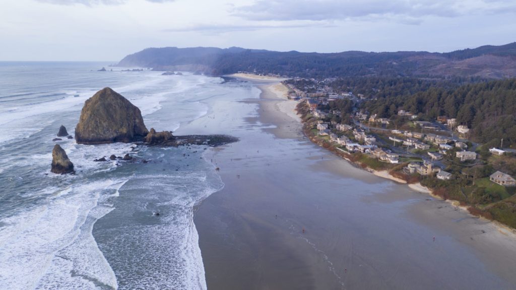 Haystack Rock, Cannon Beach in Oregon aerial view