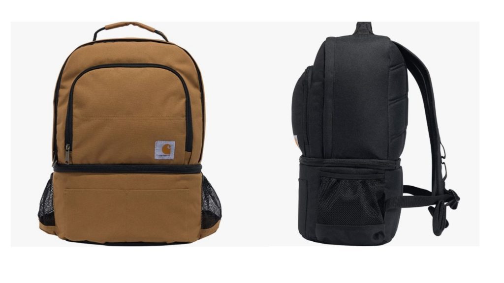 Carhartt Cooler Backpack, front view in tan and side view in black