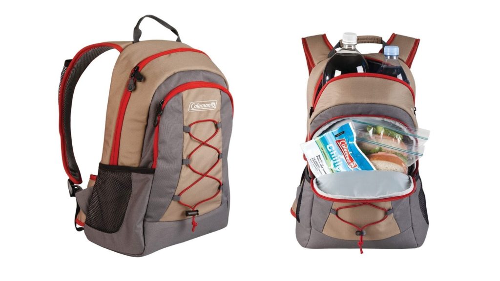 Side view and front view with items peeking out of the Coleman 28-can soft backpack cooler