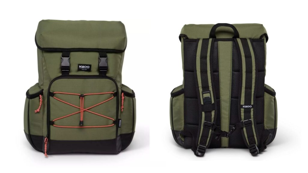 Igloo Ringleader Rucksack Cooler Backpack, front and back view in Olive green