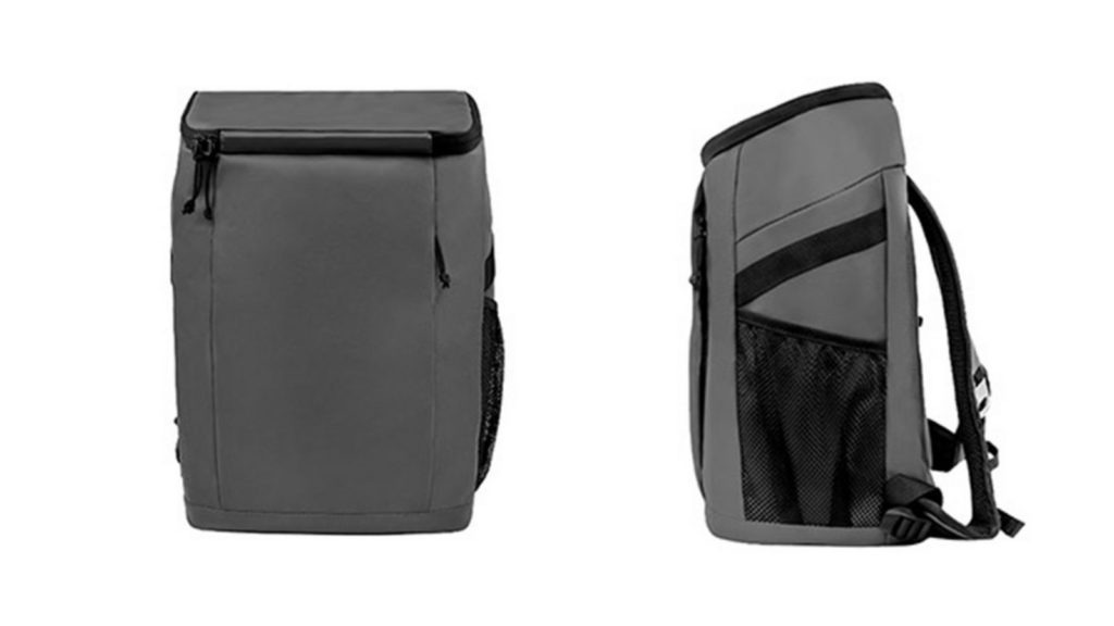 Otterbox backpack cooler in grey, front view and side view