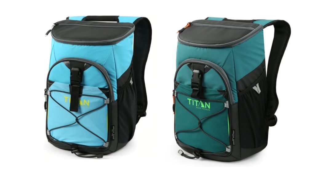 two Titan Deep Freeze 24 Can backpack coolers, one in dark green and one in aqua