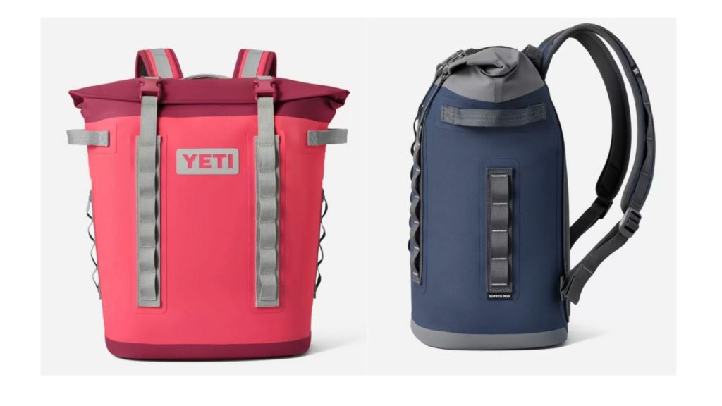 front view of a Yeti Hopper cooler backpack and sideview of the same cooler backpack in dark blue