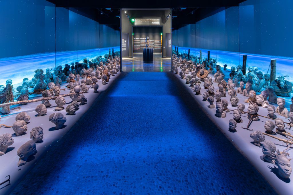 Interior image of exhibition hall in The Legacy Museum in Montgomery, Alabama