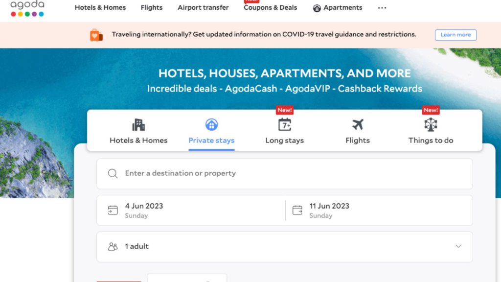 Agoda homepage screenshot showing various vacation rental options including private stays, homes, and apartments tabs