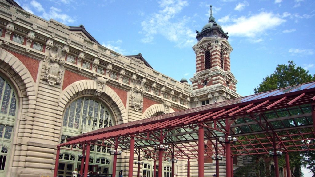 Ellis Island Canopy with Sign at iconic U.S. attraction Ellis Island National Monument