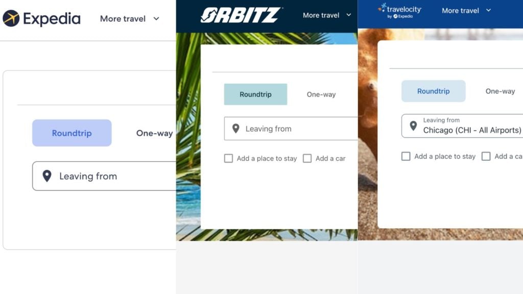 screenshots of the home pages of airfare booking sites Expedia, Orbitz, and Travelocity
