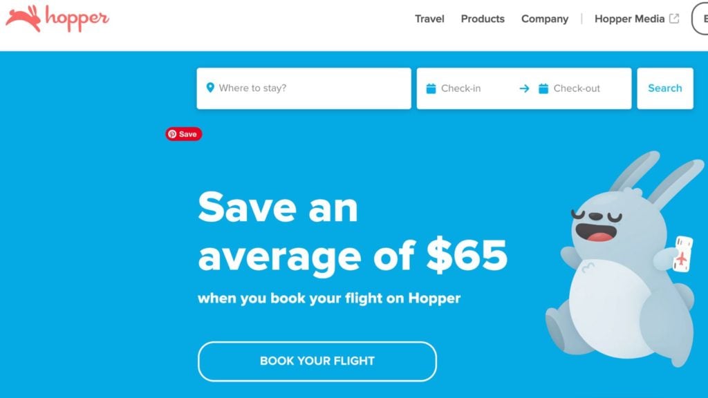 Hopper flight booking app home page
