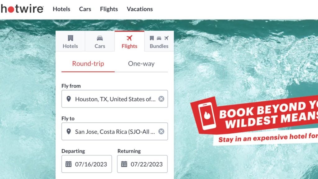 homepage of flight booking site Hotwire