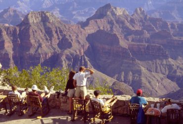 VIEW FROM THE PATIO OF GRAND CANYON LODGE ON THE NORTH RIM OF GRAND CANYON NATIONAL PARK.
