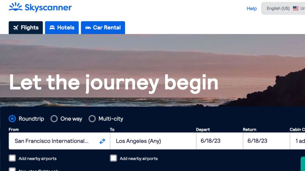 Skyscanner flight booking site homepage