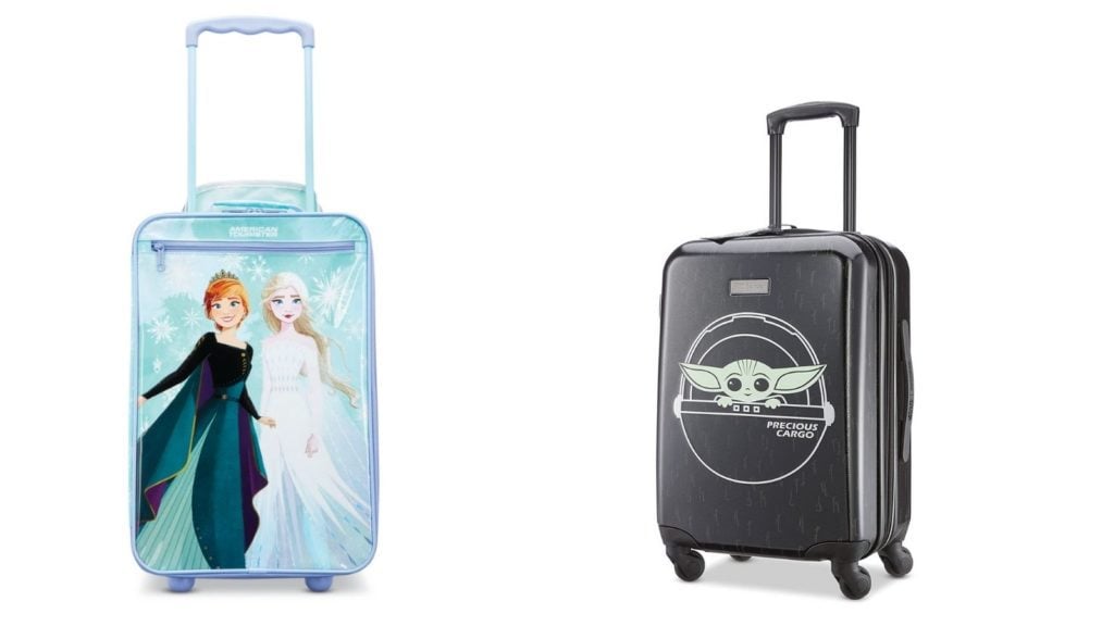 A soft-sided Frozen kids luggage suitcase and a Baby Yoda hardsided suitcase for kids (and adults)