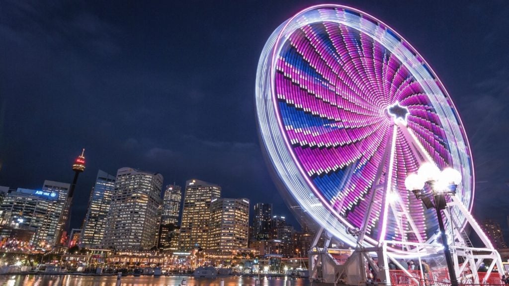 Giant wheel lit up at night in Sydney, Australia (Photo: @rezatobing via Twenty20)
