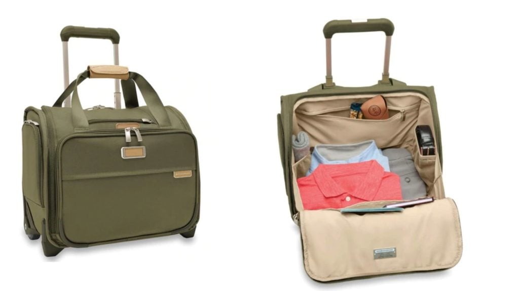 exterior and interior of Briggs & Riley Baseline Rolling Cabin Bag underseat luggage