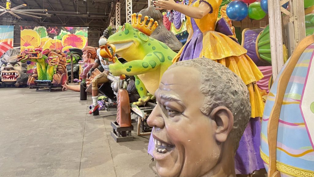 Mardi Gras parade floats lined up at Mardi Gras World in New Orleans