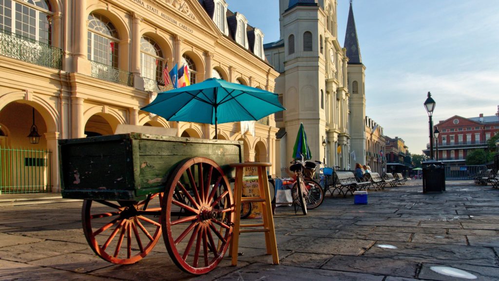 a fruit cart waiting to be filled in the early morning hours at Jackson Square in New Orleans