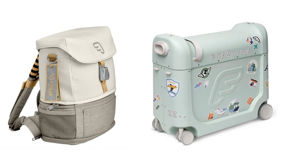 JetKids by Stokke kids luggage: light green rolling ride-on suitcase and off-while backpack carry-on