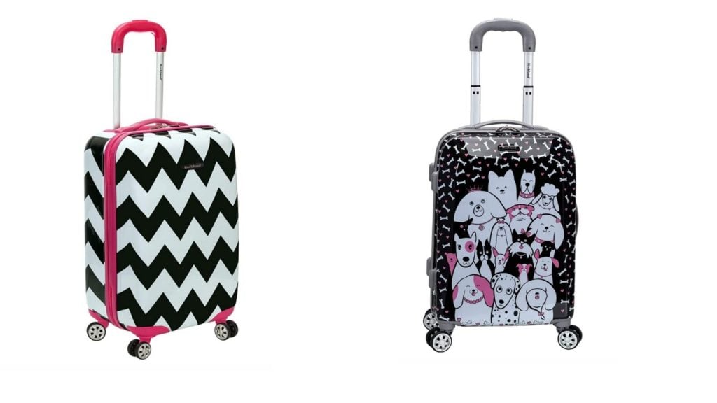 Two hardsided Rockland kids luggage options in a black and white zig zag and a dog illustration
