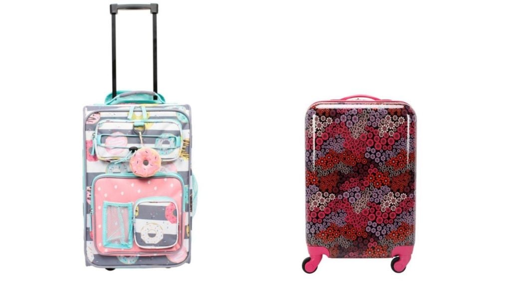 Kids luggage from Target, one hardsided suitcase with flowers and a soft-sided roller with donuts