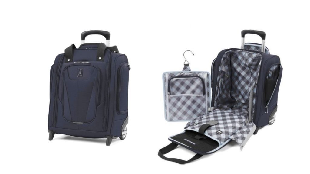 view of exterior and interior of black Travelpro Maxlite 5 Rolling Underseat luggage