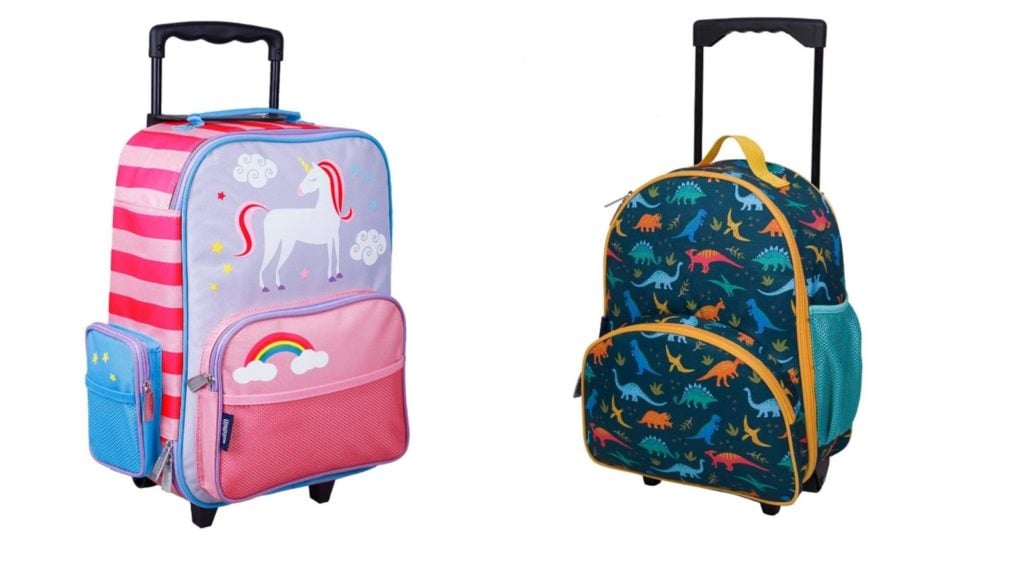 Wildkin kids luggage in unicorn and dinosaur print fabrics