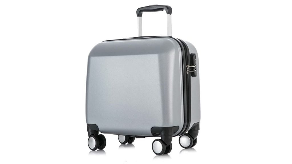 exterior of a silver Yotefe 18” Under-Seat Luggage with Multidirectional Spinner Wheels