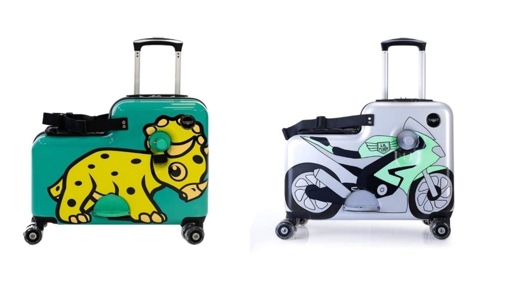 Two ride-on kids suitcases from Younglingz. one with a dinosaur design and the other with a motorcycle