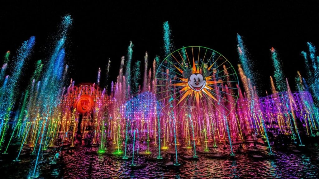 Lights, water, music, fire and animation come together like never before in ÒWorld of ColorÓ at Disney California Adventure park in Anaheim, Calif. The show combines nearly 1,200 powerful fountains with heights that range from 30 feet to 200 feet in the air, dazzling colors and a kaleidoscope of audio and visual effects, including both classic and new animation projected on one of the worldÕs largest projected water screens Ñ a wall of water 380 feet wide by 50 feet high for a projection surface of 19,000 square feet.