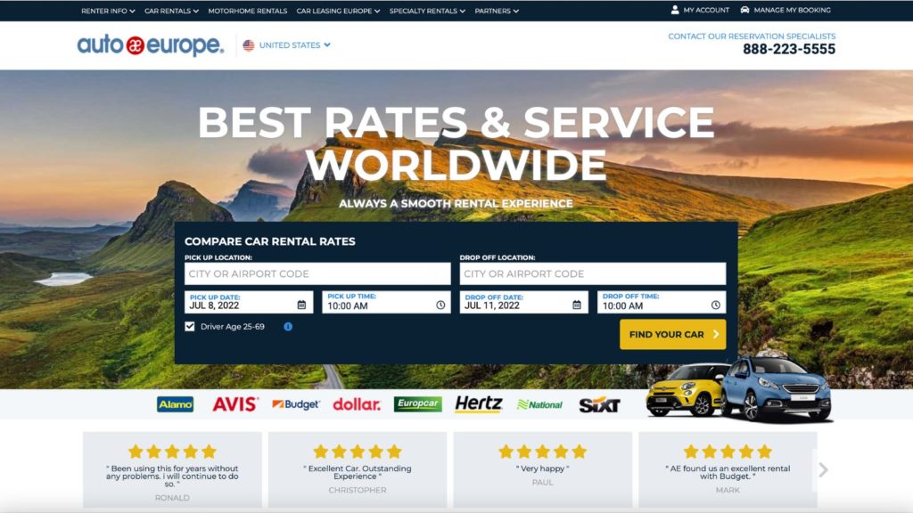 Homepage of the car rental comparison site Auto Europe (Credit: Auto Europe)