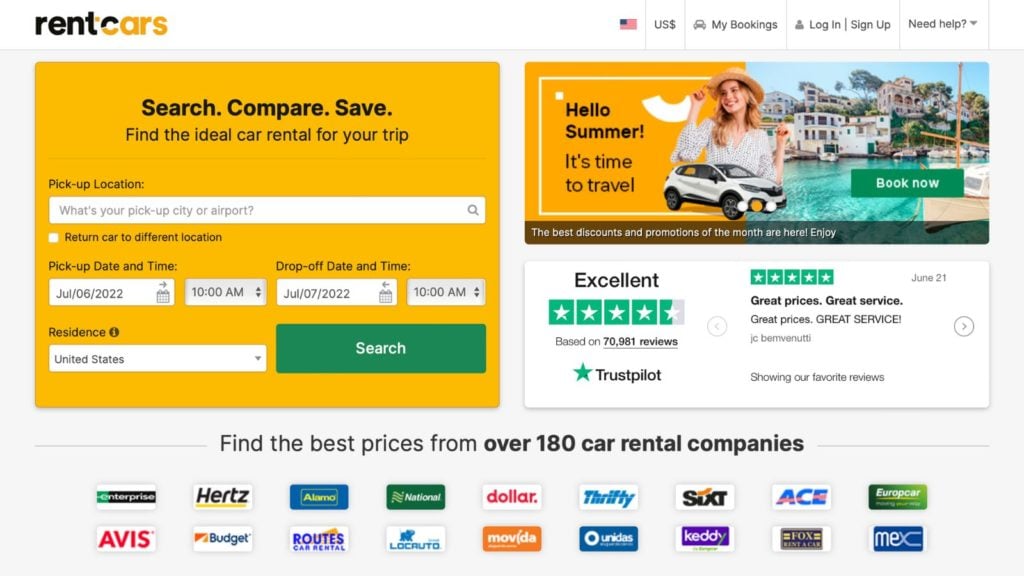 Homepage of the car rental comparison site RentCars (Credit: RentCars)