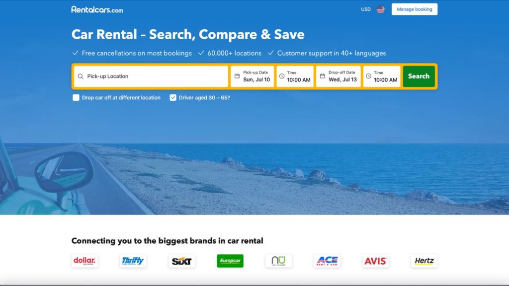 Homepage of the car rental comparison site Rentalcars.com (Credit: Rentalcars.com)