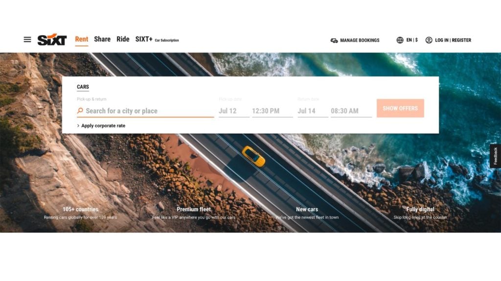 Homepage of the car rental comparison site Sixt (Credit: Sixt)