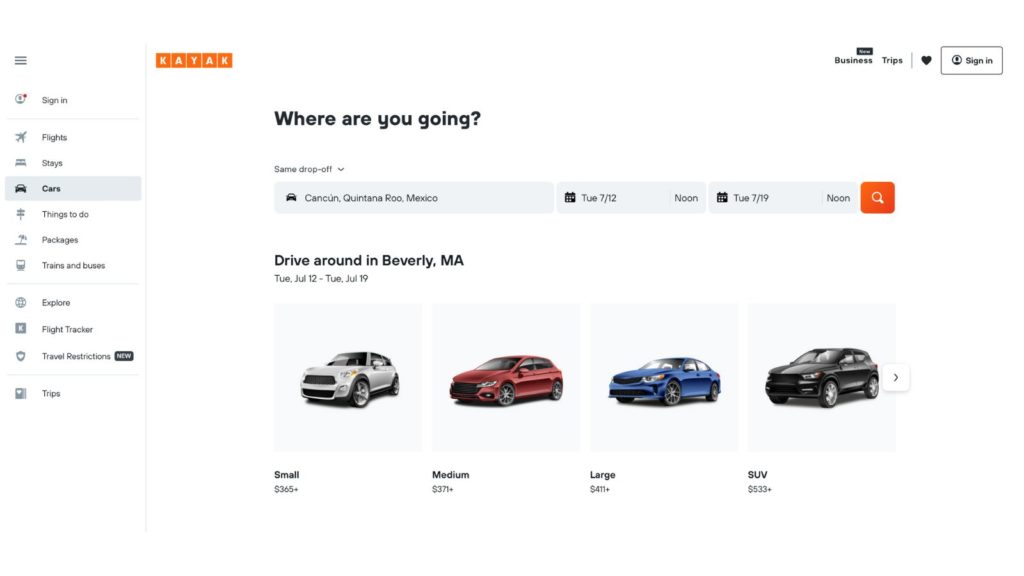 Kayak's search page for finding the best car rental deals (Credit: Kayak)